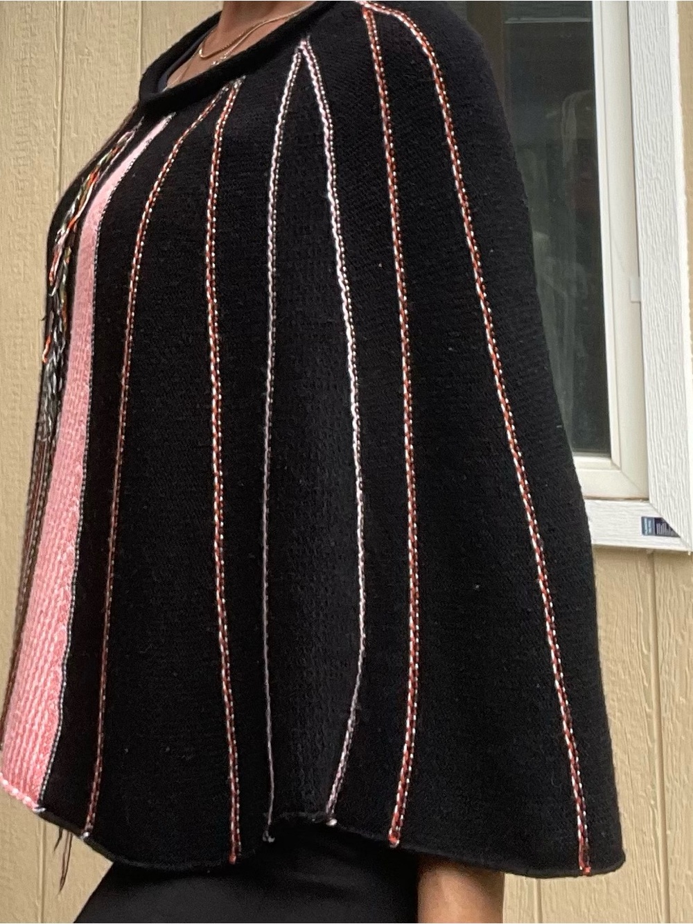 BCBGMaxAzria Black Knit Poncho with Pink and Multicolor Panels
